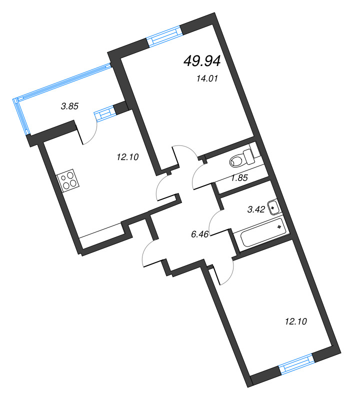 2-комнатная квартира, 49.94 м² - планировка, фото №1