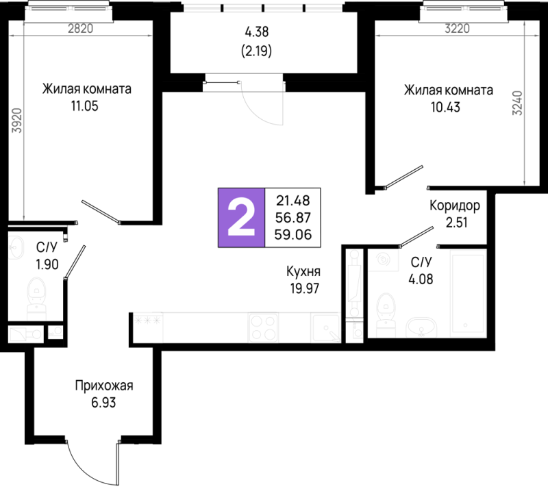 3-комнатная (Евро) квартира, 59.06 м² в ЖК "Имена" - планировка, фото №1