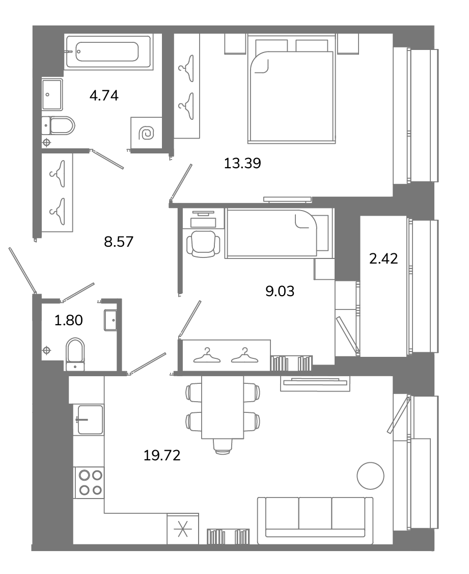 3-комнатная (Евро) квартира, 58.46 м² в ЖК "Твой космос" - планировка, фото №1