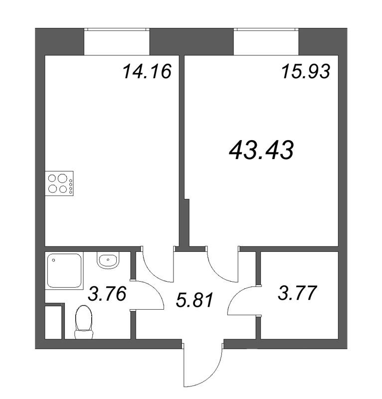 1-комнатная квартира, 43.43 м² - планировка, фото №1