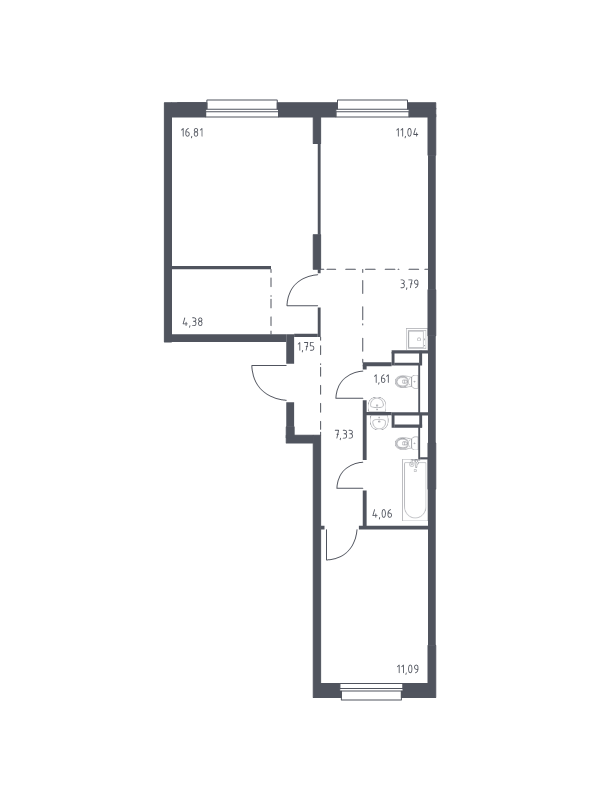 2-комнатная квартира, 61.86 м² - планировка, фото №1