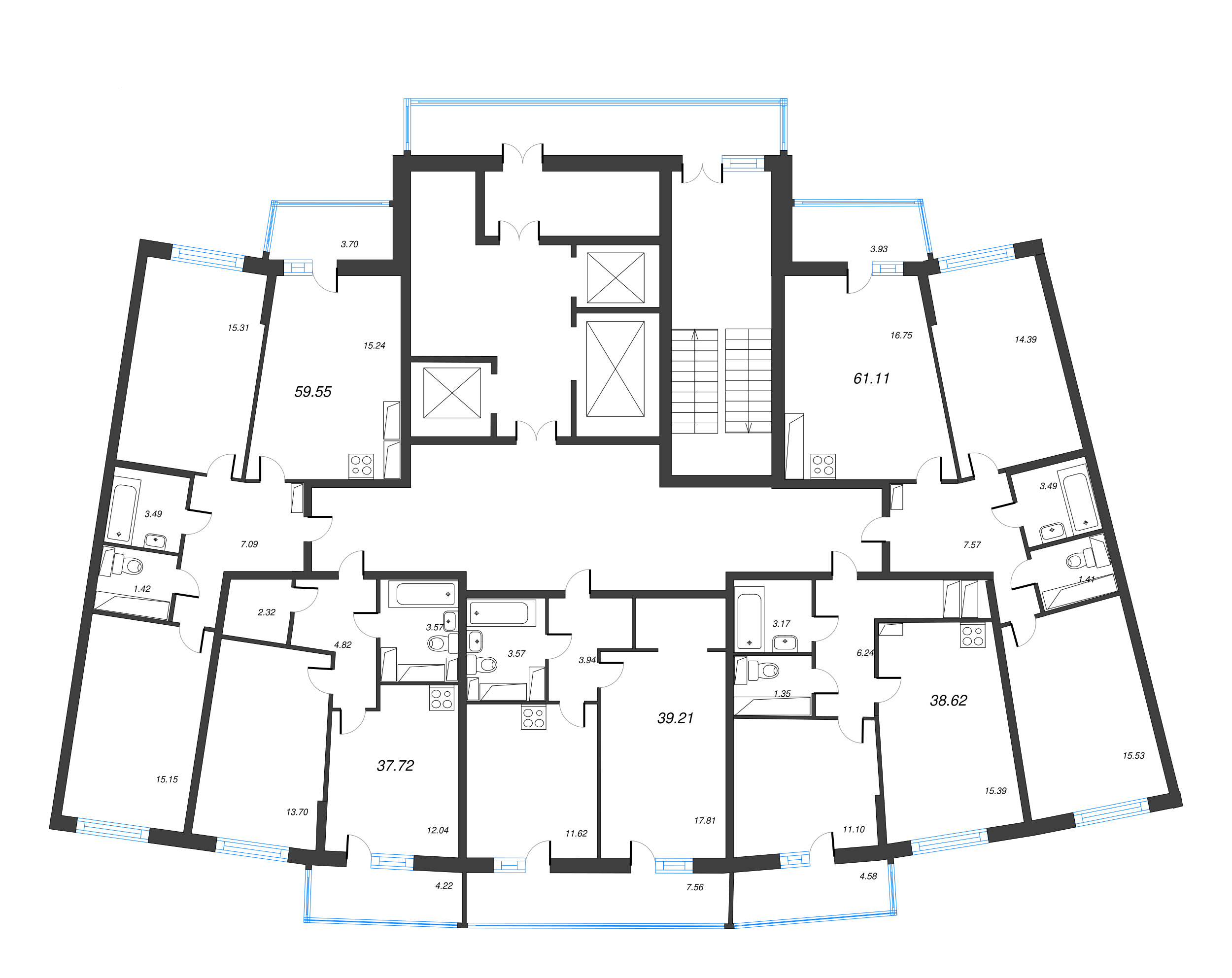 2-комнатная (Евро) квартира, 38.62 м² в ЖК "Дом Левитан" - планировка этажа