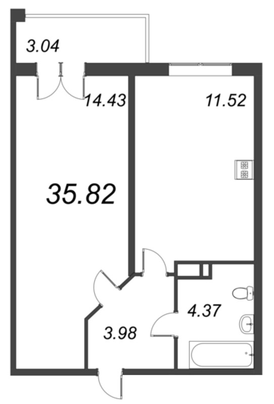 1-комнатная квартира, 35.82 м² в ЖК "Рождественский квартал" - планировка, фото №1