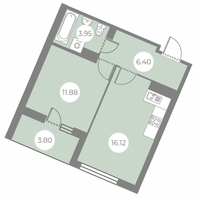 2-комнатная (Евро) квартира, 40.25 м² в ЖК "БФА в Озерках" - планировка, фото №1