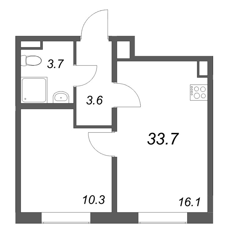 2-комнатная (Евро) квартира, 33.7 м² в ЖК "Пулково Lake" - планировка, фото №1