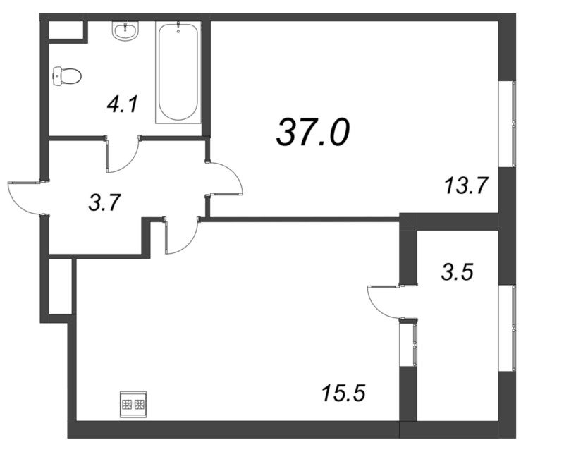 2-комнатная (Евро) квартира, 37 м² в ЖК "Дубровский" - планировка, фото №1