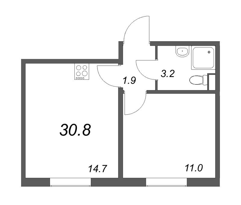 1-комнатная квартира, 30.8 м² - планировка, фото №1