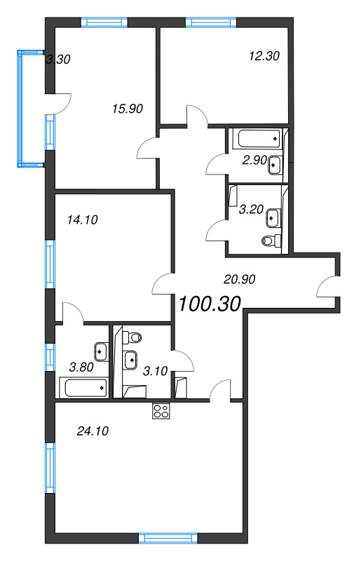 4-комнатная (Евро) квартира, 100.3 м² в ЖК "Руднева 15" - планировка, фото №1