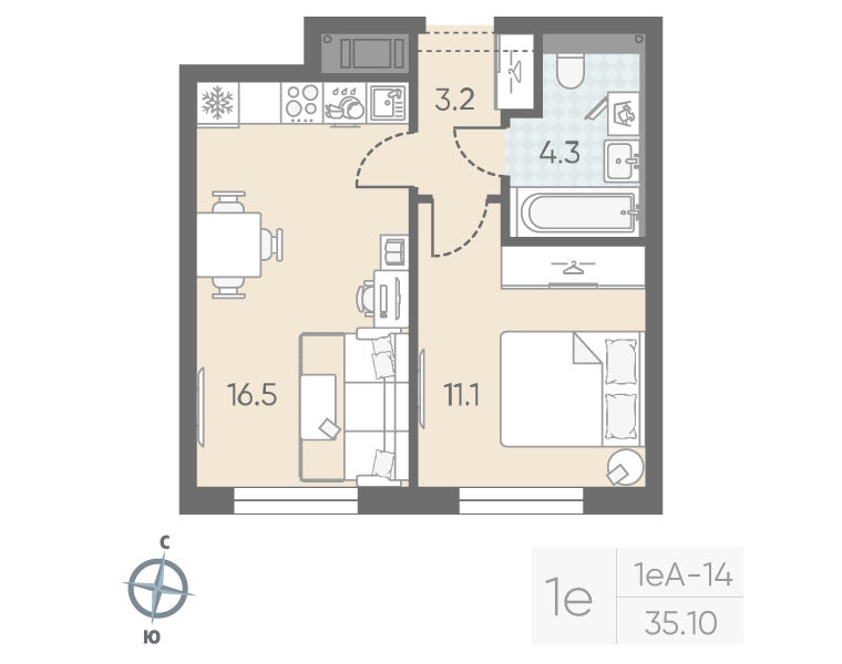 2-комнатная (Евро) квартира, 35.1 м² в ЖК "Большая Охта" - планировка, фото №1