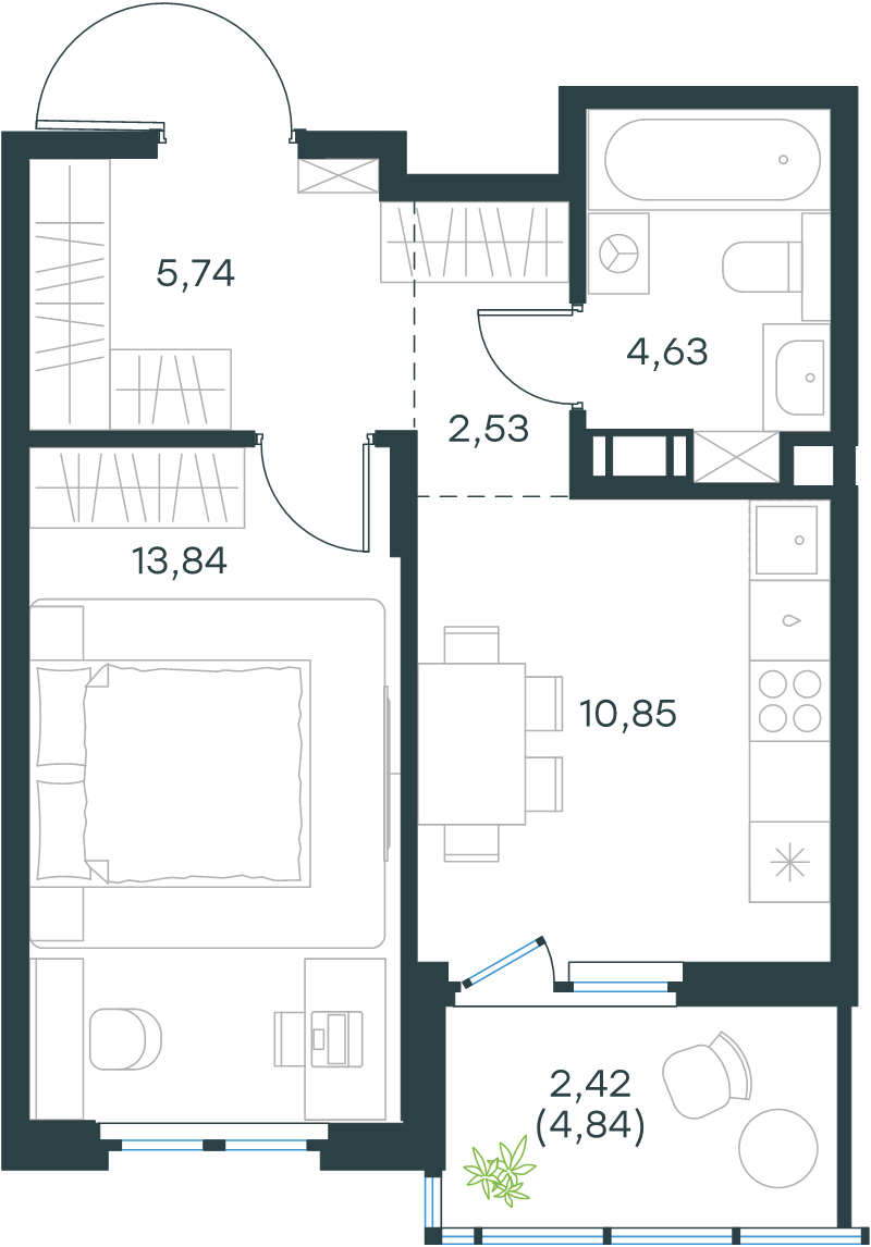 1-комнатная квартира, 39.6 м² в ЖК "Левел Мечникова" - планировка, фото №1