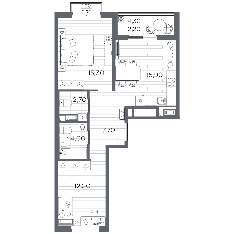 3-комнатная (Евро) квартира, 60.25 м² в ЖК "Плюс Пулковский" - планировка, фото №1