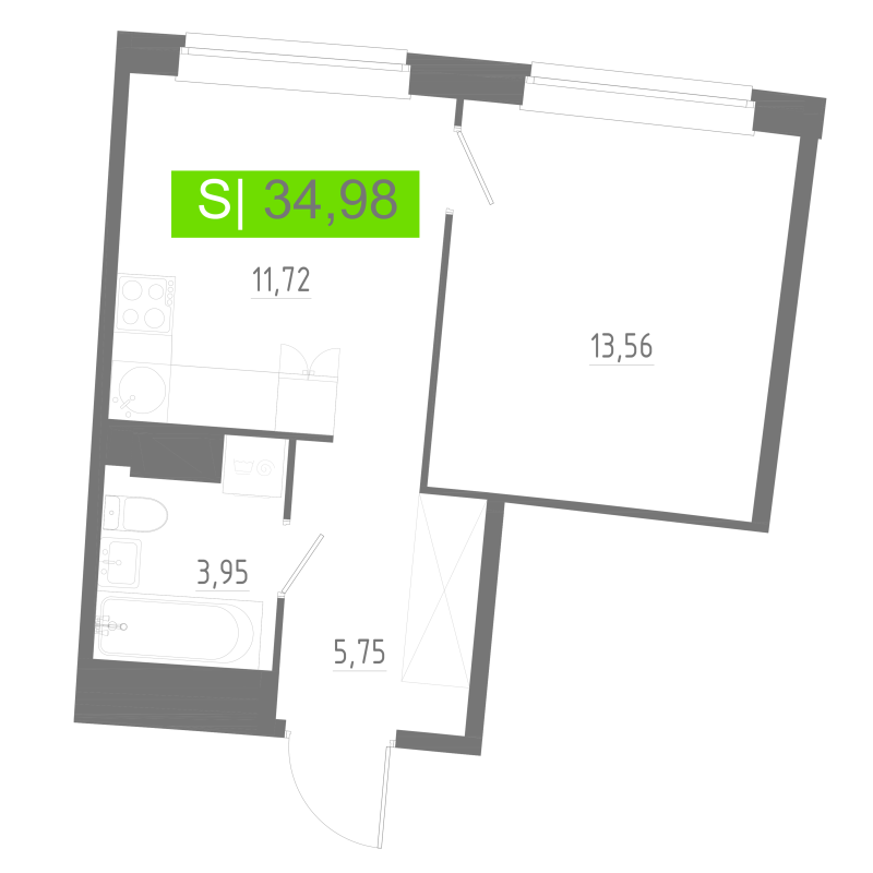 1-комнатная квартира, 34.98 м² в ЖК "Аквилон РИВА" - планировка, фото №1
