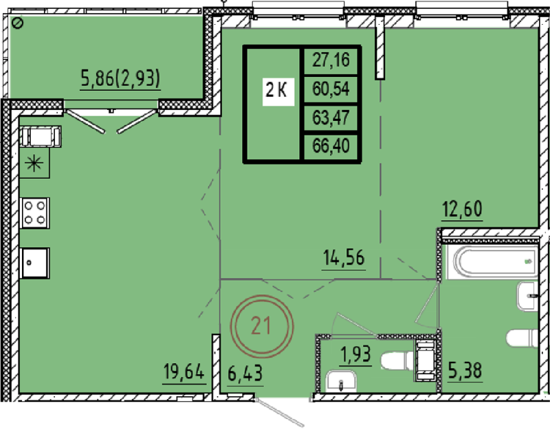 3-комнатная (Евро) квартира, 60.54 м² в ЖК "Образцовый квартал 9.1" - планировка, фото №1