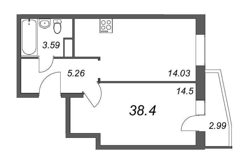 1-комнатная квартира, 38.4 м² - планировка, фото №1