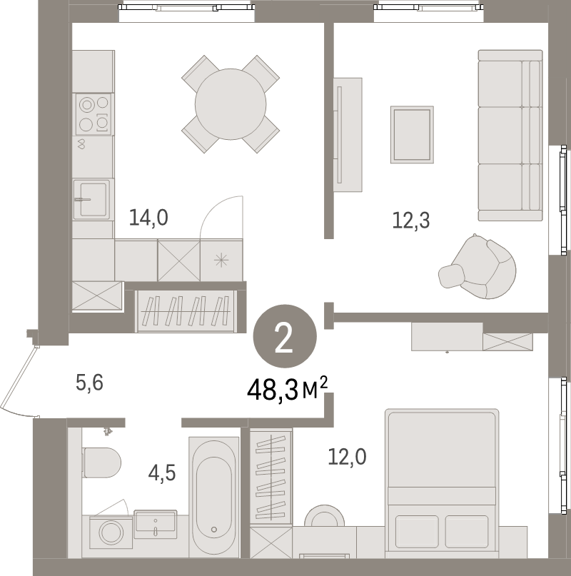 2-комнатная квартира, 48.3 м² в ЖК "Брусника в Новоселье" - планировка, фото №1