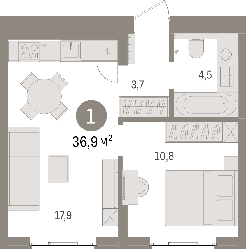 2-комнатная (Евро) квартира, 36.9 м² в ЖК "Брусника в Новоселье" - планировка, фото №1