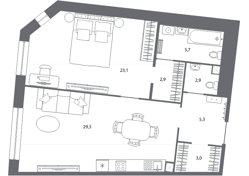 2-комнатная (Евро) квартира, 71.7 м² - планировка, фото №1