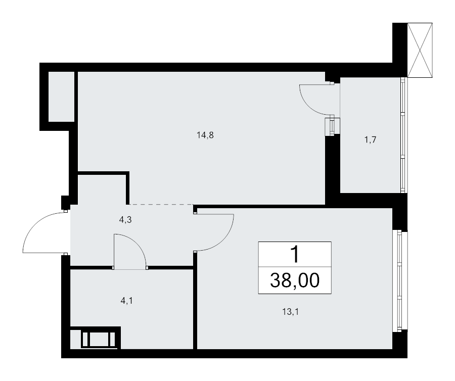 1-комнатная квартира, 38 м² - планировка, фото №1