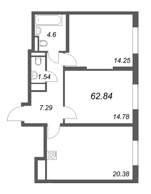 3-комнатная (Евро) квартира, 62.84 м² в ЖК "Цивилизация на неве" - планировка, фото №1