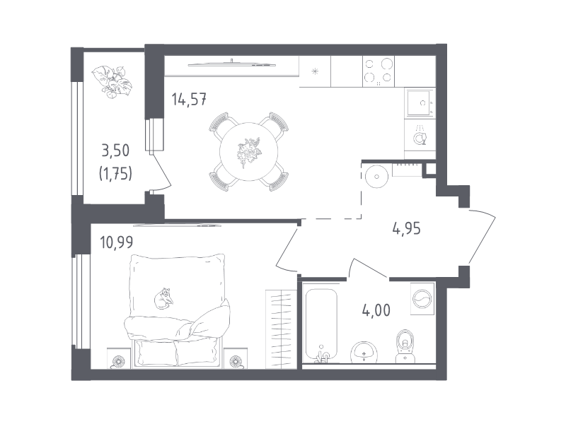 1-комнатная квартира, 36.3 м² в ЖК "Южная Нева" - планировка, фото №1