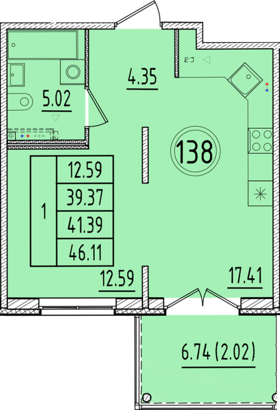 2-комнатная (Евро) квартира, 39.37 м² - планировка, фото №1