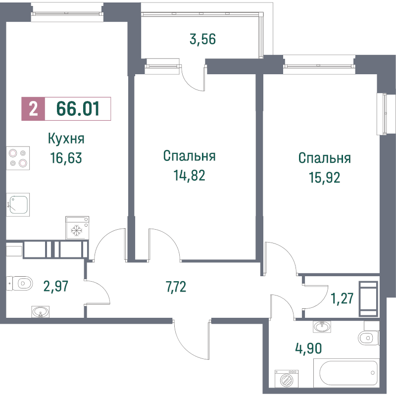 3-комнатная (Евро) квартира, 66.01 м² - планировка, фото №1
