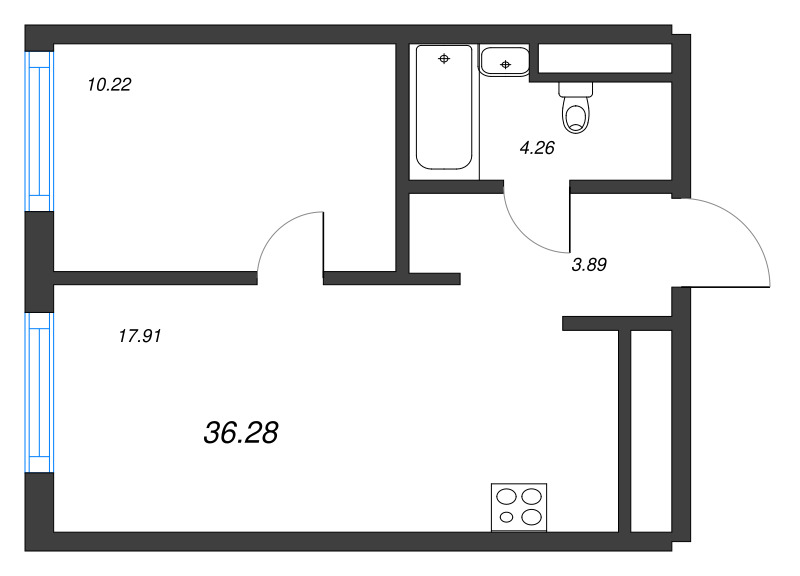 2-комнатная (Евро) квартира, 36.28 м² в ЖК "Legenda Васильевского" - планировка, фото №1