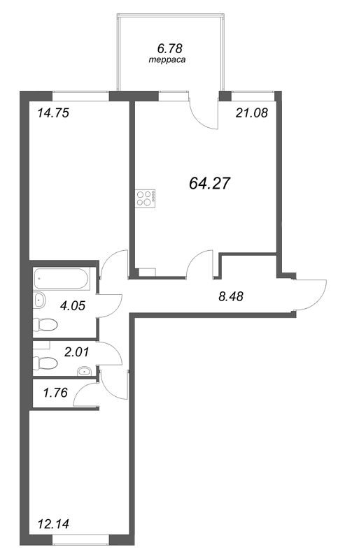 3-комнатная (Евро) квартира, 64.27 м² - планировка, фото №1