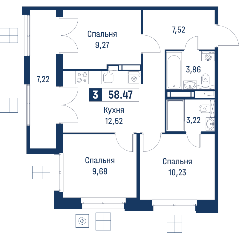 3-комнатная квартира, 58.47 м² в ЖК "Символист" - планировка, фото №1