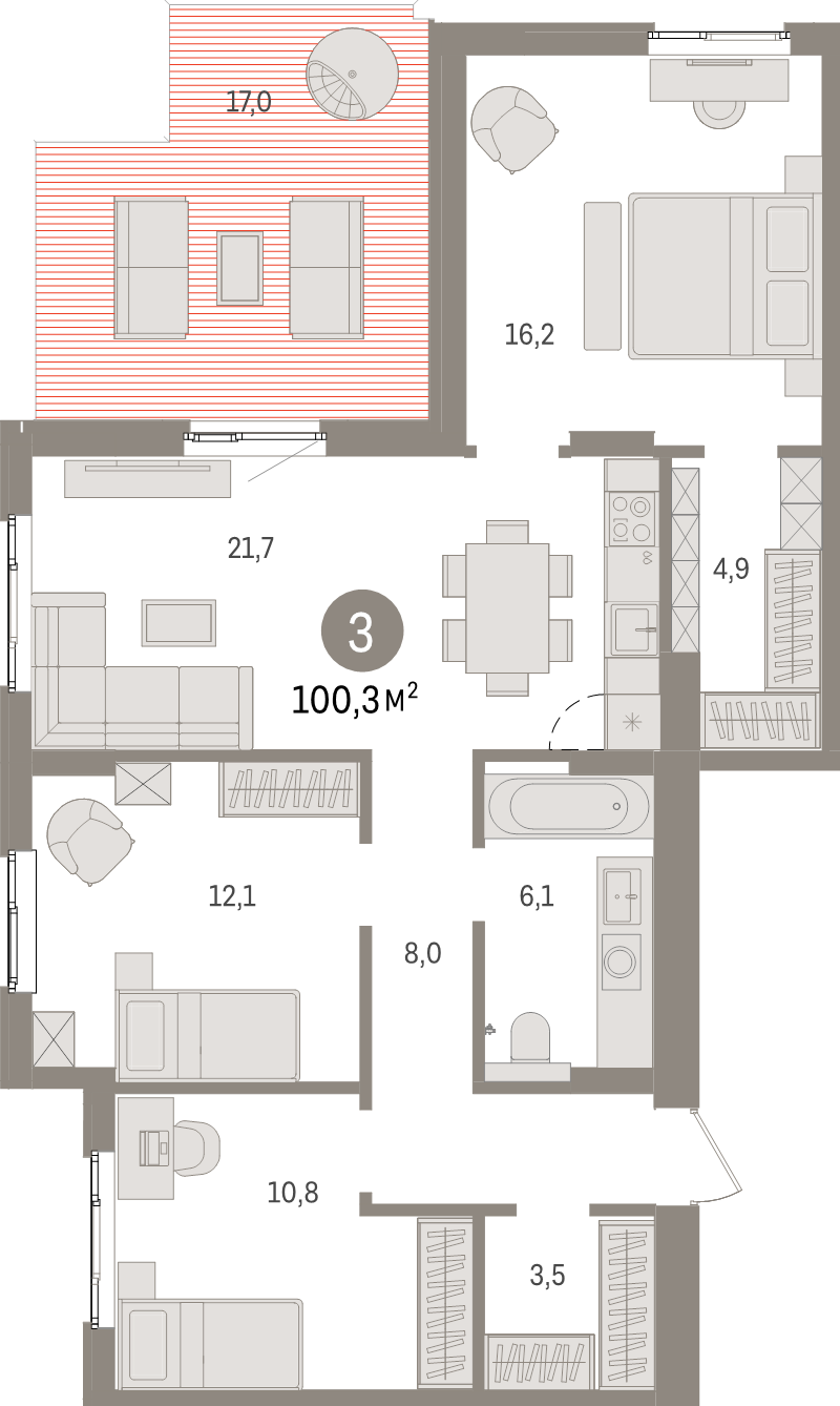 4-комнатная (Евро) квартира, 100.3 м² в ЖК "Брусника в Новоселье" - планировка, фото №1