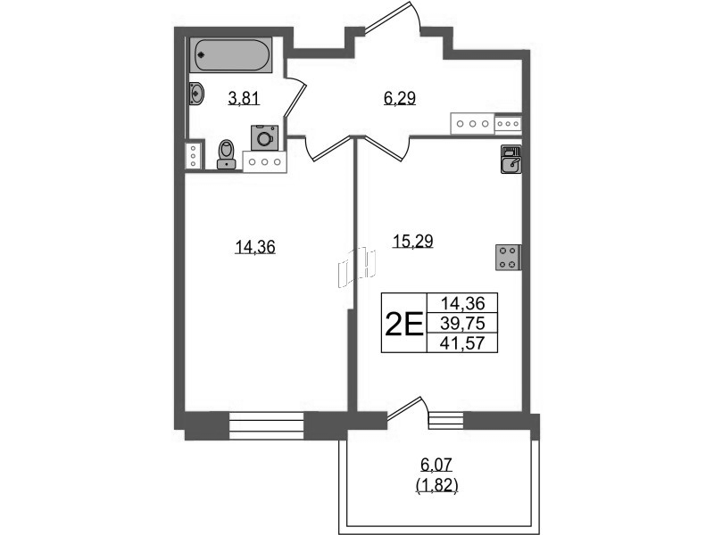 2-комнатная (Евро) квартира, 41.57 м² в ЖК "Аквилон Stories" - планировка, фото №1