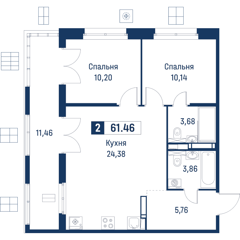 3-комнатная (Евро) квартира, 61.46 м² в ЖК "Символист" - планировка, фото №1