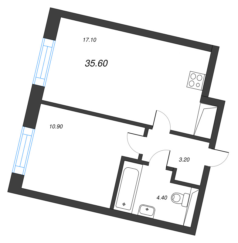 2-комнатная (Евро) квартира, 35.6 м² в ЖК "Большая Охта" - планировка, фото №1