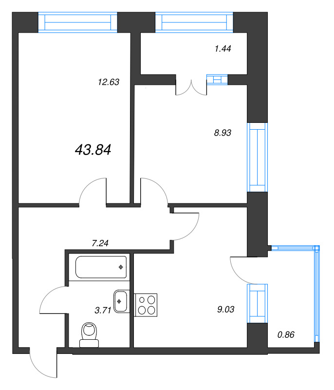 2-комнатная квартира, 43.84 м² в ЖК "Капральский берег" - планировка, фото №1