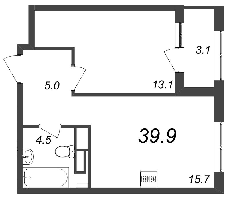 1-комнатная квартира, 40 м² - планировка, фото №1