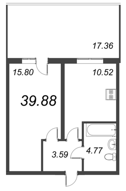 1-комнатная квартира, 39.88 м² - планировка, фото №1