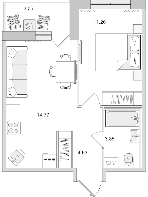 1-комнатная квартира, 37.46 м² в ЖК "Parkolovo" - планировка, фото №1