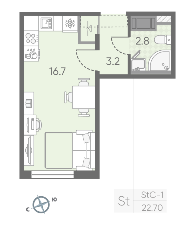 Квартира-студия, 22.7 м² в ЖК "Октябрьская набережная" - планировка, фото №1