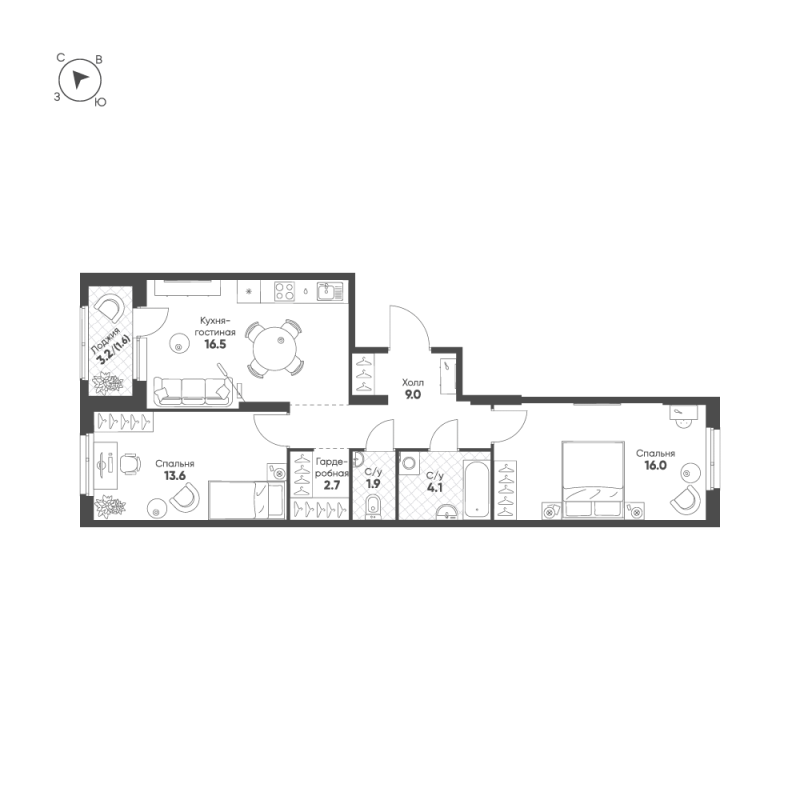 3-комнатная (Евро) квартира, 65.4 м² - планировка, фото №1