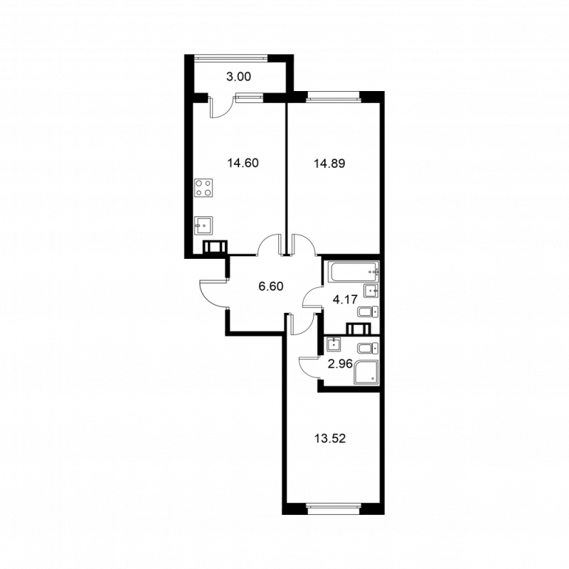 2-комнатная квартира, 58.24 м² - планировка, фото №1