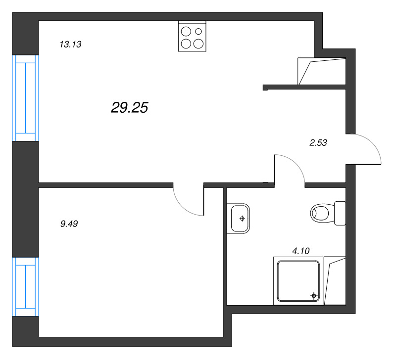 1-комнатная квартира, 29.25 м² - планировка, фото №1