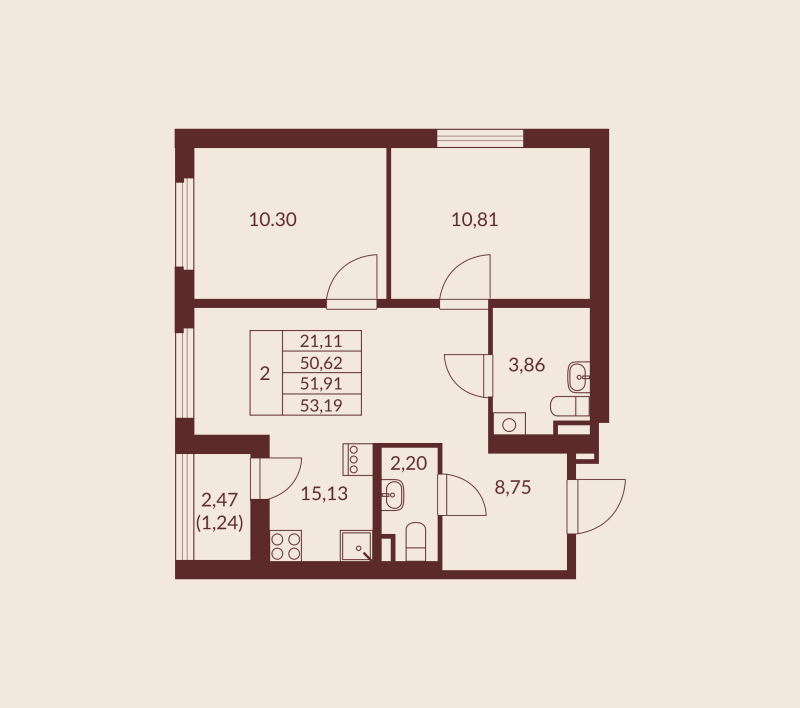 3-комнатная (Евро) квартира, 51.91 м² в ЖК "Амурино" - планировка, фото №1