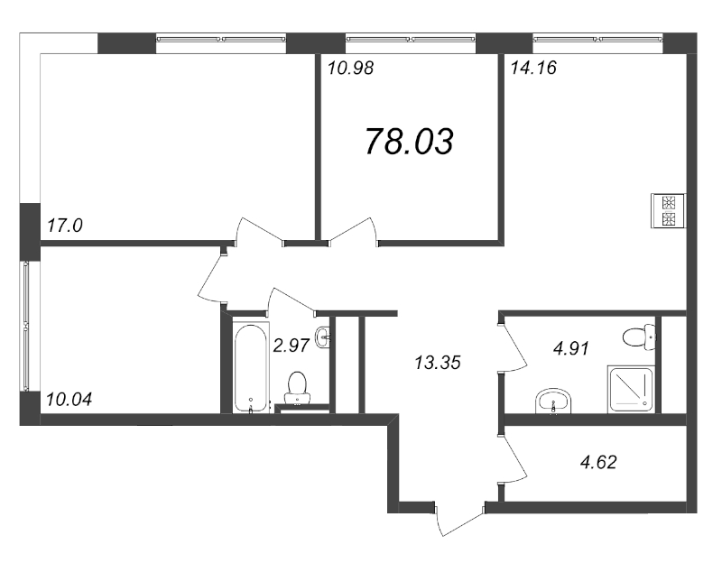 3-комнатная квартира, 78.03 м² - планировка, фото №1