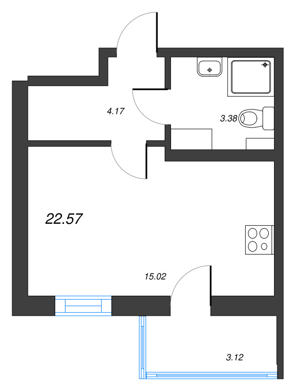 Квартира-студия, 22.57 м² - планировка, фото №1