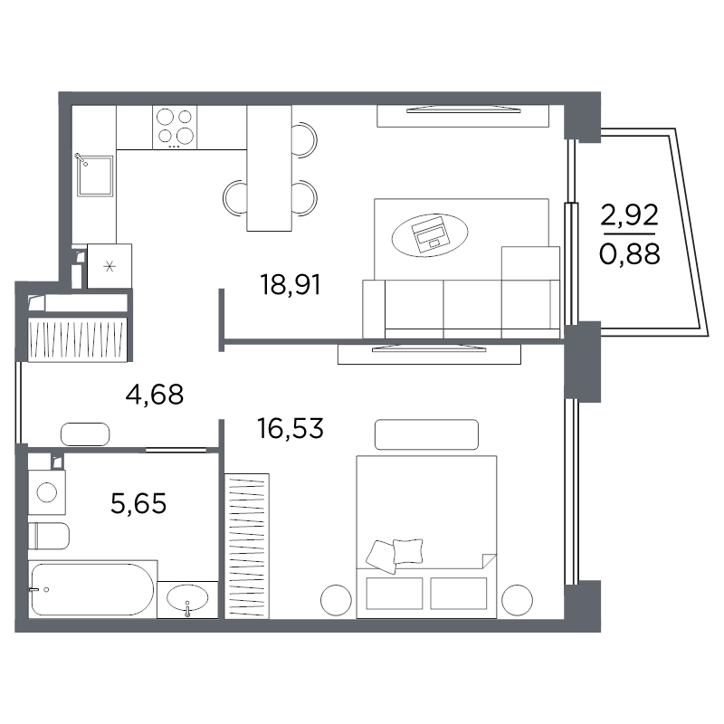 2-комнатная (Евро) квартира, 46.65 м² в ЖК "Акватория" - планировка, фото №1