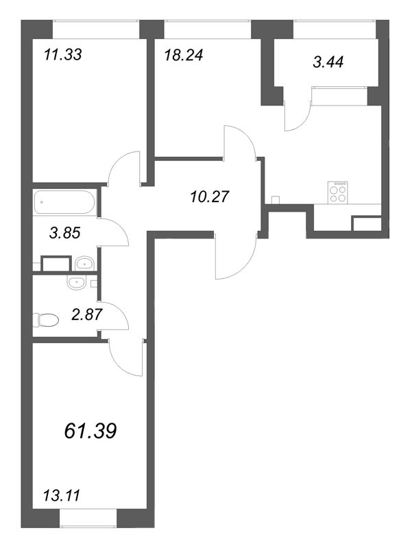 3-комнатная (Евро) квартира, 61.39 м² в ЖК "Аквилон Солар Парк" - планировка, фото №1