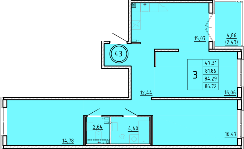 3-комнатная квартира, 81.86 м² - планировка, фото №1