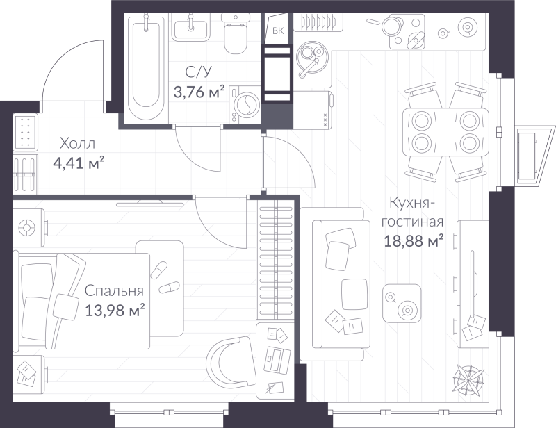 2-комнатная (Евро) квартира, 41.03 м² в ЖК "VEREN NORT сертолово" - планировка, фото №1