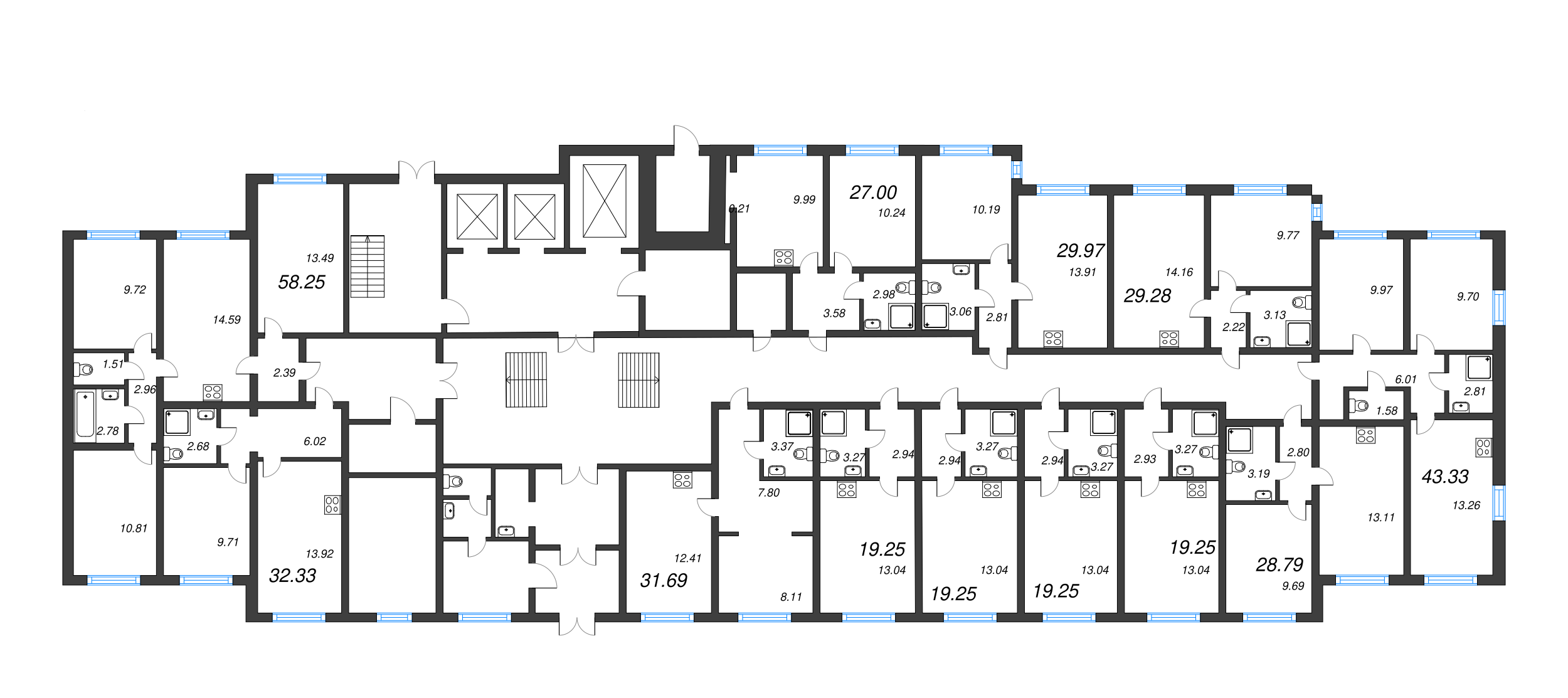 2-комнатная квартира, 43.33 м² в ЖК "Ручьи" - планировка этажа