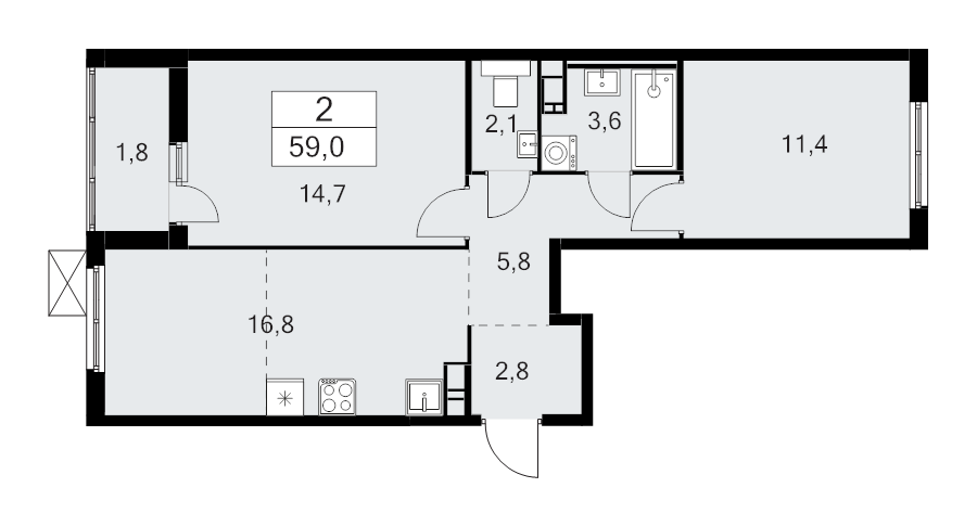 3-комнатная (Евро) квартира, 59 м² - планировка, фото №1